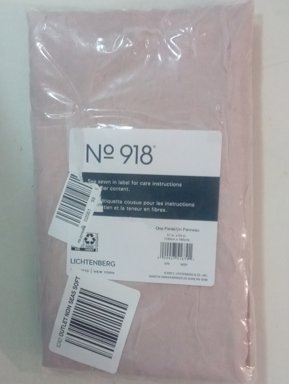 No. 918 by Soft Pink Window Panel Curtain 63" NWT $30 Crinkle
